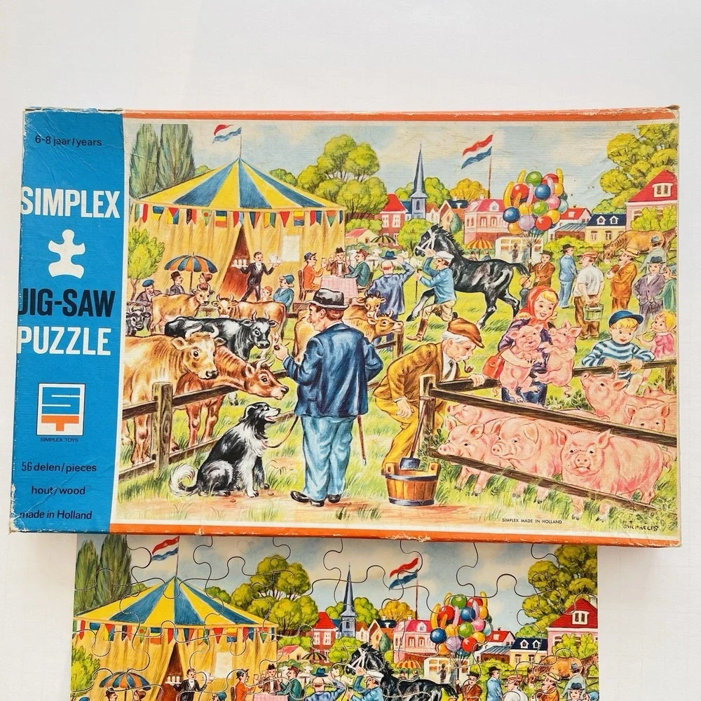 Vtg Simplex Wooden Jigsaw Puzzle 56 Pieces Farm‎ Fair Made In Holland